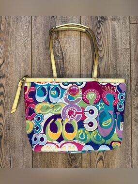 Coach Poppy Graffiti Glam Tote F19434 Multicolor Gold Trim Y2K Bag